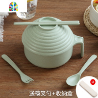 大容量泡面碗带盖家用小麦秸秆餐具学生宿舍方便面碗单个碗筷套装 FENGHOU 绿色泡面碗5件套+收纳盒