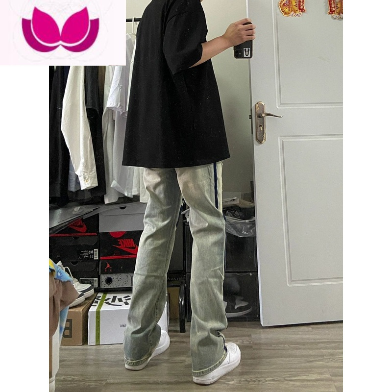 七斓破洞牛仔裤男百搭宽松高街直筒阔腿混色拼接拖地贴布黄泥色裤子潮