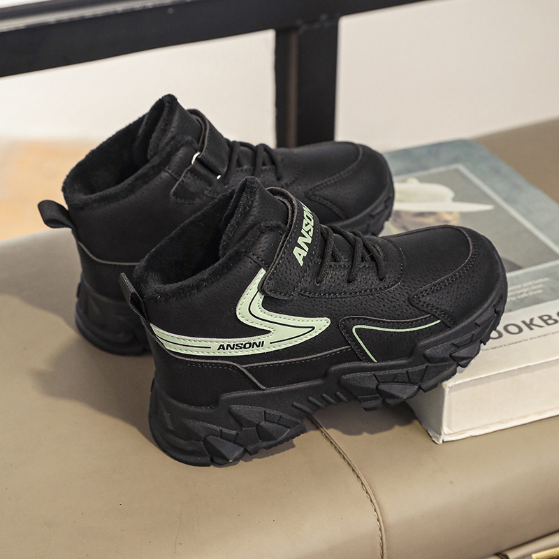 冬季加绒保暖厚底中大童棉鞋魔术贴免系带皮面户外防寒雪地鞋童鞋