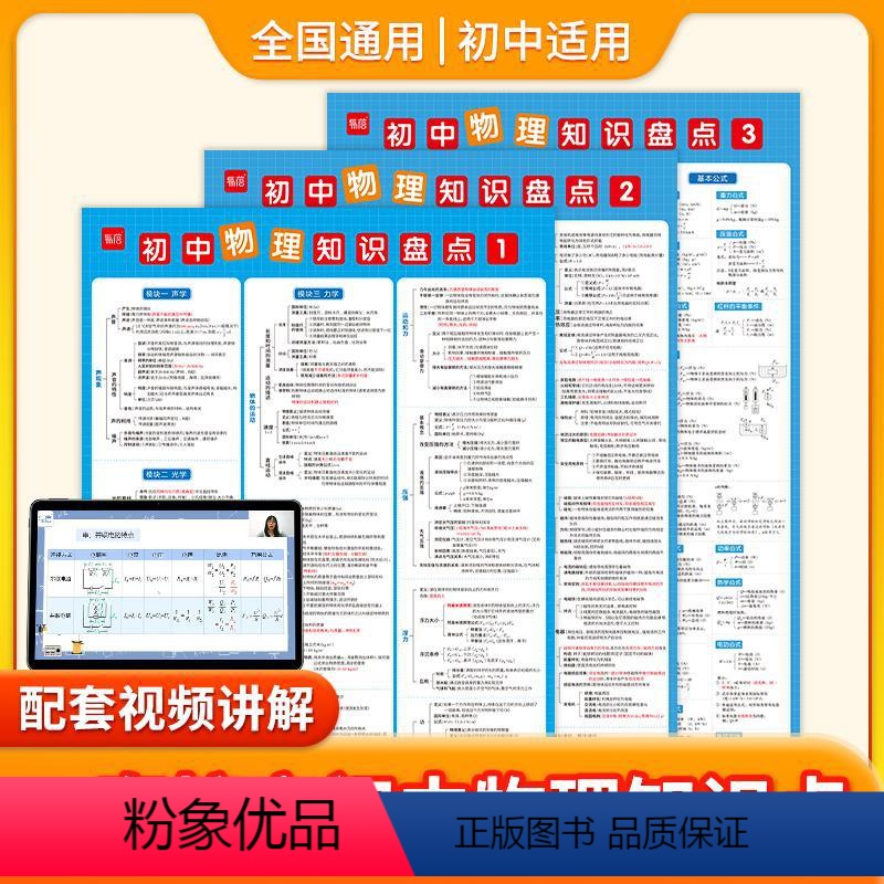 初中物理知识盘点挂图(3张) [正版]初中物理知识盘点挂图公式大全知识点汇总海报物理公式实验墙画七八九年级