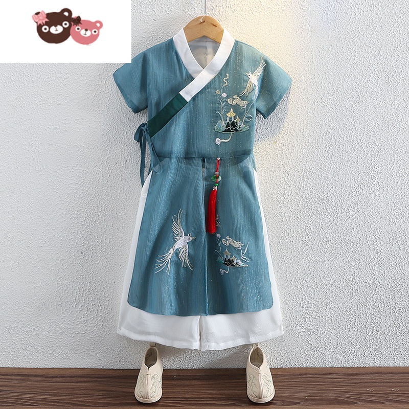绿彩虹光汉服男童夏装短袖薄款超仙飘逸宝宝古装复古衣服六一儿童节演出服