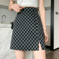 唐狮夏季高腰半身裙女棋盘格开叉包臀短裙辣妹时尚百搭潮