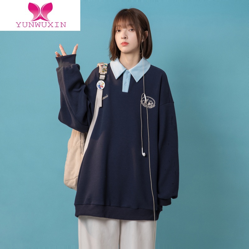 YUNWUXINPolo领卫衣女长袖上衣设计感oversize小众高街潮牌ins冬款