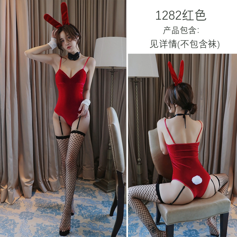 新款情趣内衣兔女郎性感连体衣含胸垫吊袜带开档制服诱惑套装1282 红色 均码(80-120斤)