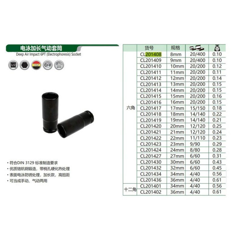 长鹿 电泳风动加长6角套筒 12.5mm系列(Cr-V) CL201424 24mm 个