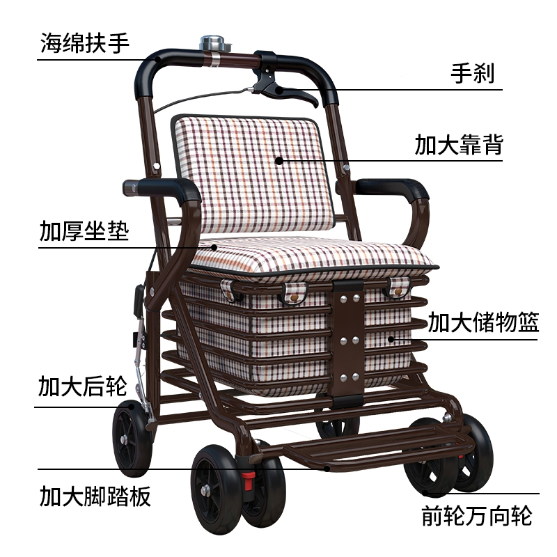 老人手推车折叠代步购物可坐四轮小推车时光旧巷老年人坐的能推走的软椅子收纳层架