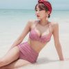 红格 M码 70-90斤 韩国挂脖绑带高腰遮肚温泉比基尼小胸钢托聚拢三角分体性感泳衣女