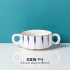 日式手绘碗盘陶瓷餐具套装简约家用手柄盘子烤箱烘焙焗饭碗沙拉碗 双耳碗[千叶]