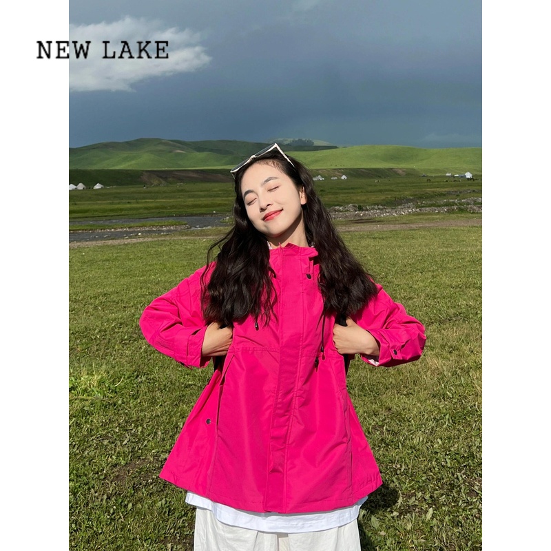 NEW LAKE火龙果色冲锋衣外套女2024新款户外休闲工装夹克宽松百搭上衣