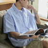 [8.5折价76.4元叠加优惠券]唐狮夏季新款短袖衬衫男纯色日系休闲上衣宽松百搭男士外套潮