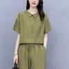 2021年新款休闲冰丝麻套装女夏时尚韩版大码显瘦七分萝卜裤两件套 1445Y#军绿色 M [建议100斤以下]