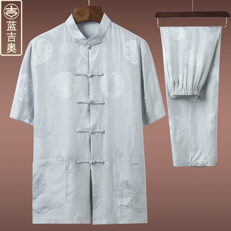 中老年人唐装男短袖真丝桑蚕丝套装爸爸爷爷衣服装中国风夏装上衣视频