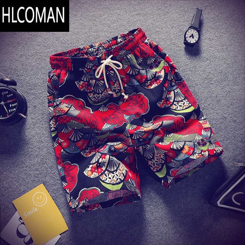 HLCOMAN夏季亚麻社会小伙短裤男精潮流韩版碎花纹五分裤民族风沙滩裤子