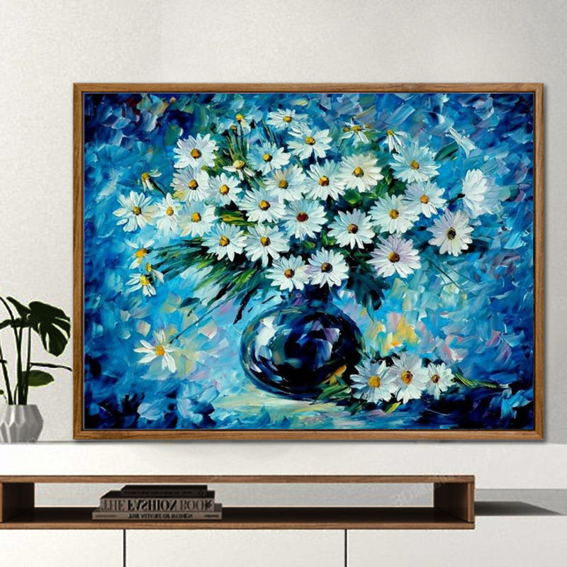 蓝调雏菊 50*65送黑色成品外框(无需组装) 数字油画diy自绘填色画减压画手工油彩风景画客厅简约装饰画