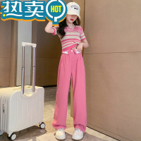 绿彩虹光女童夏装套装2023新款韩版夏季冰丝短袖阔腿裤中大童休闲两件套潮