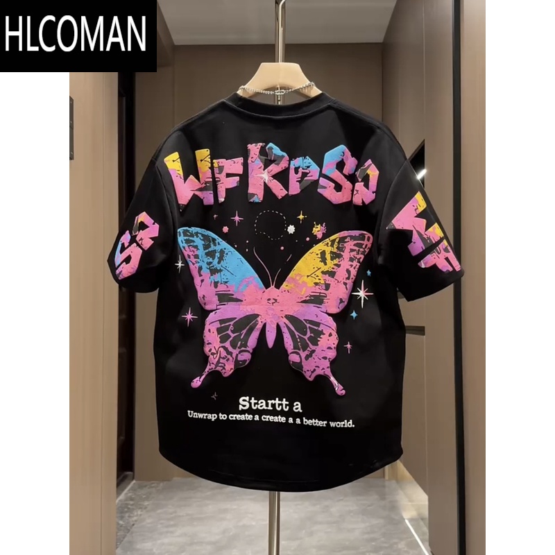 HLCOMAN夏季新款蝴蝶发泡彩绘印花短袖男潮牌痞帅刺绣休闲半袖情侣款T恤