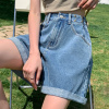 [1折价39.9元叠加优惠券]唐狮 夏季牛仔中短裤女宽松休闲腰部松紧细节高腰卷边阔腿短裤牛仔短裤