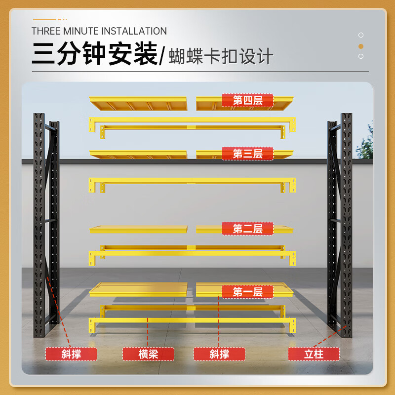 北尧长青货架仓储置物架仓库储物架家用多层货架子240kg黑黄150*60*200cm