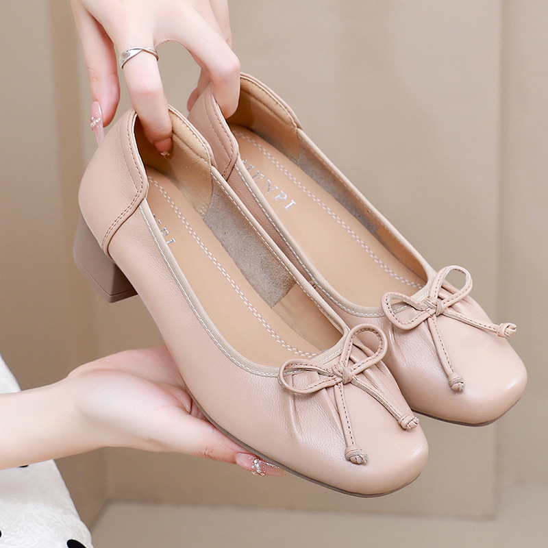 真皮方头芭蕾舞鞋女25秋季粗跟四季法式复古芭蕾单鞋中跟玛丽珍鞋