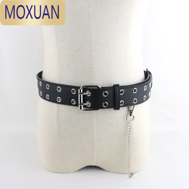 MOXUAN双排孔皮带女配牛仔裤百搭腰带凹造型黑色链条针扣装饰裤带潮