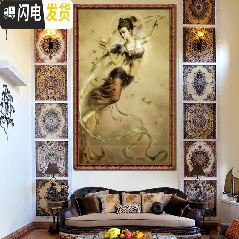 三维工匠精准敦煌飞天十字绣反弹琵琶美女祈福仙女人物观音玄关 左图敦煌祈福仙女75X130生态棉线精准印布(中格3股满绣版
