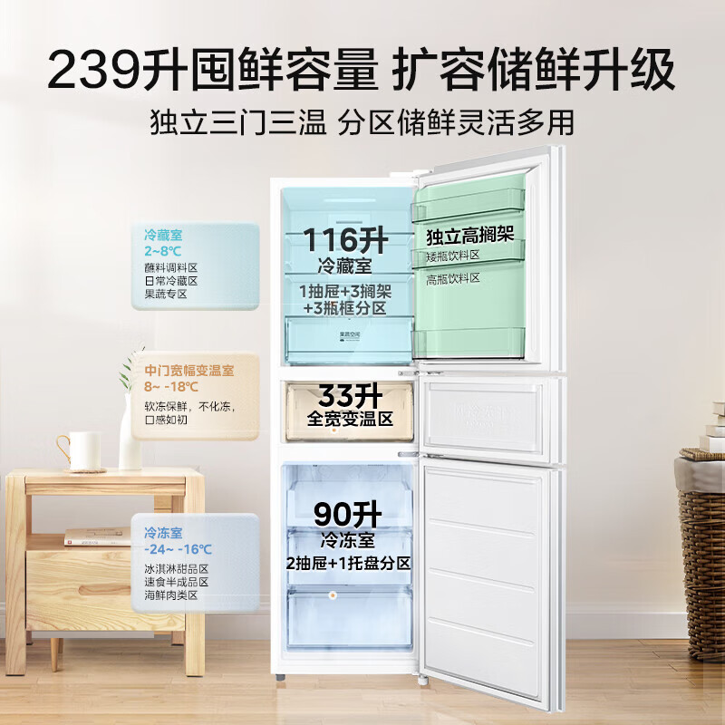 美的(Midea)电冰箱239L三开门多门风冷无霜变频一级能效节能省电轻音净味保鲜宿舍租房冰箱 MR-251WTPE国补