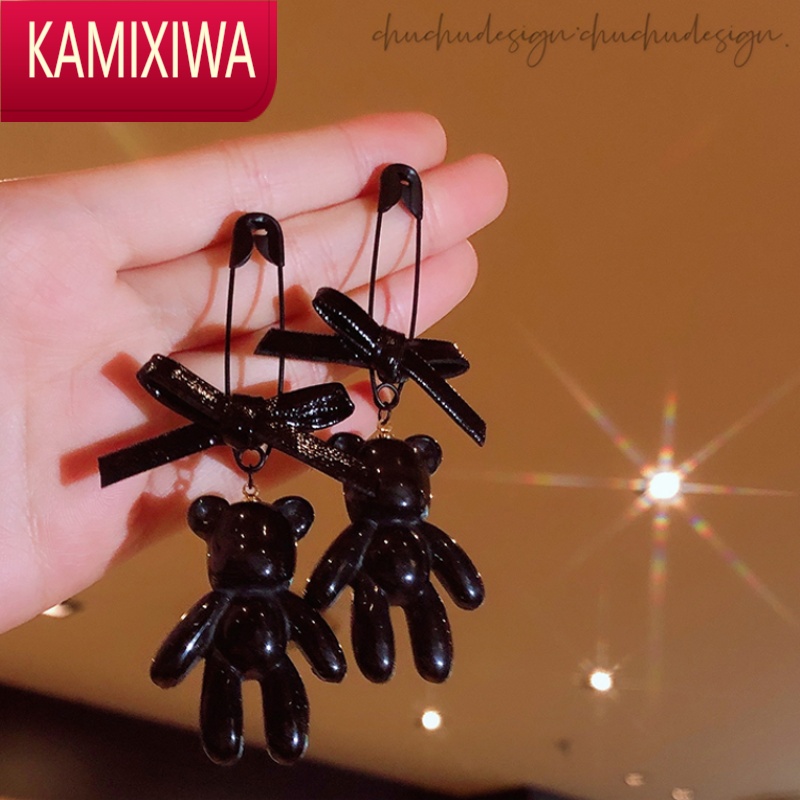 KAMIXIWA黑色小熊耳环2021年新款潮网红耳饰女个性设计感长款气质耳坠