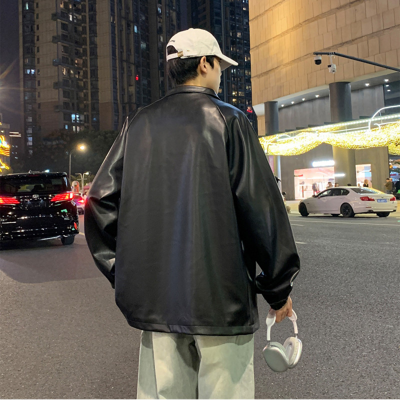 唐狮外套男夹克外套男男装皮衣外套男翻领前胸口袋皮衣短夹克外套