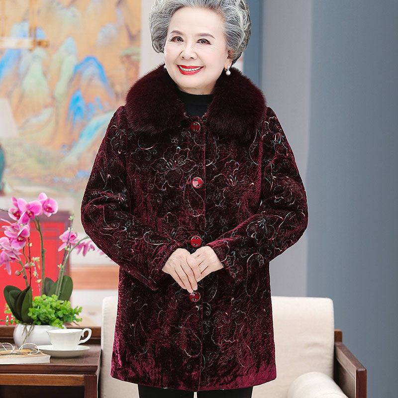 中老年人女奶奶冬装加绒中长款棉袄607080岁妈妈中长款宽松棉衣