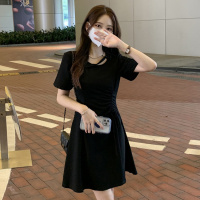 黑色连衣裙女年夏季新款小个子抽绳显瘦气质修身赫本风短裙子 S 黑色