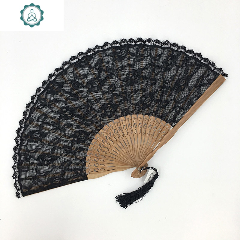 送扇套7寸双层蕾丝扇古典女式扇子竹工艺小礼品扇日式折扇 封后 黑骨黑面贝壳扇