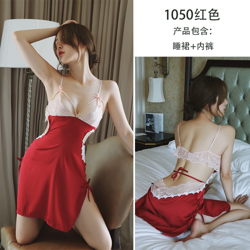 长夜漫漫情趣内衣女性感蕾丝透视露乳诱惑露背吊带睡裙家居服1050 红色 均码(80-120斤)
