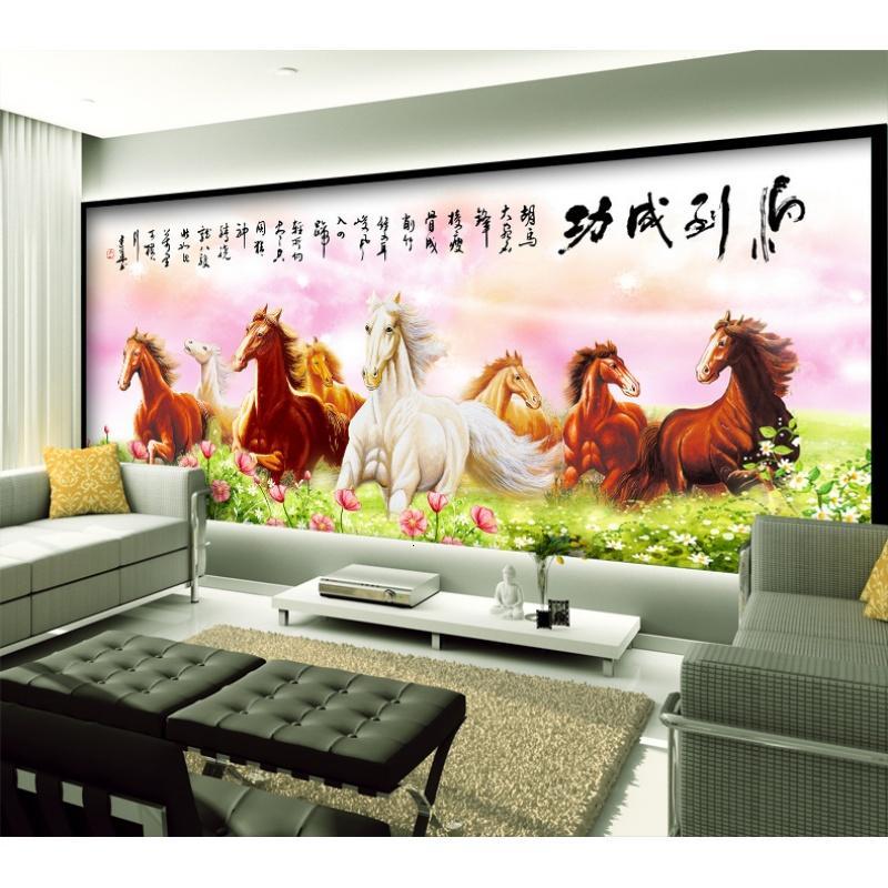大型壁画电视背景墙纸壁纸水墨中式富贵八骏图无纺布卧室客厅墙布壹德壹