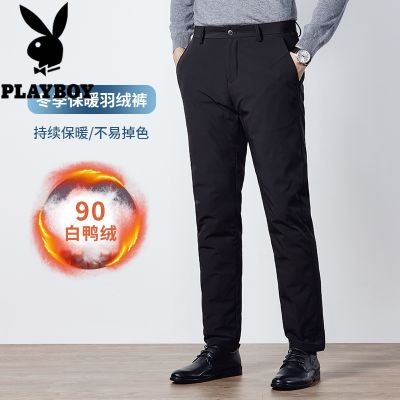 花花公子白鸭绒羽绒裤男士休闲裤加厚商务休闲男装保暖长裤子男松紧腰冬季 L 黑色