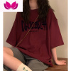 七斓美式复古红色T恤女款短袖2023夏季oversize港味chic半袖正肩上衣