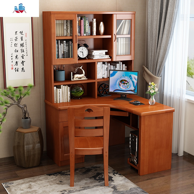 现代中式实木书桌组合转角直角带书柜写字台橡木书桌学习桌电脑桌泰
