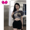 七斓欧美辣妹绑带T恤女ins潮春季设计感小众印花紧身交叉别致短袖上衣