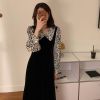 2020秋冬新款法式学院风娃娃领收腰显瘦开叉豹纹拼接丝绒连衣裙