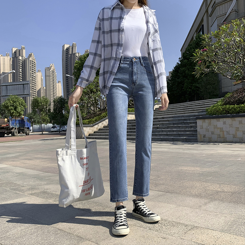 美特邦杰2020夏季薄款高腰牛仔裤女宽松显瘦直筒九分裤哈伦裤显瘦百搭