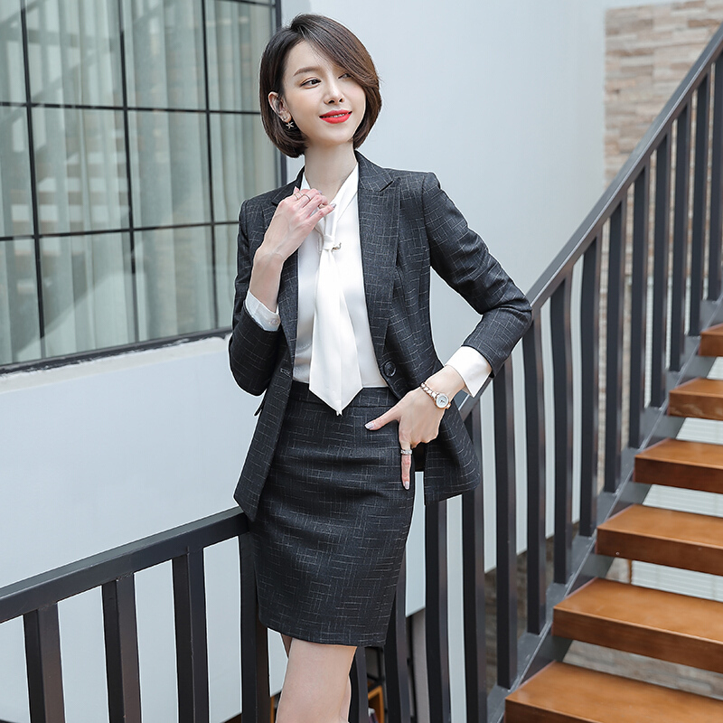岚心云ol职业套装女套装2019秋冬气质女总裁商务正装格纹小西装工作服