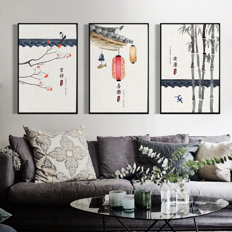 新中式客厅沙发背景墙装饰画书房餐厅中国风三联挂画福禄壁画弗星w