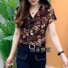 欧洲站2新款女装印花交叉V领打底洋气网纱t恤半袖短袖女上衣衫 021半袖咖色牡丹 L 90-105斤