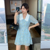[2.5折价83元]唐狮裙子女夏碎花连衣裙法式翻领甜美泡泡袖小清新短裙潮法式