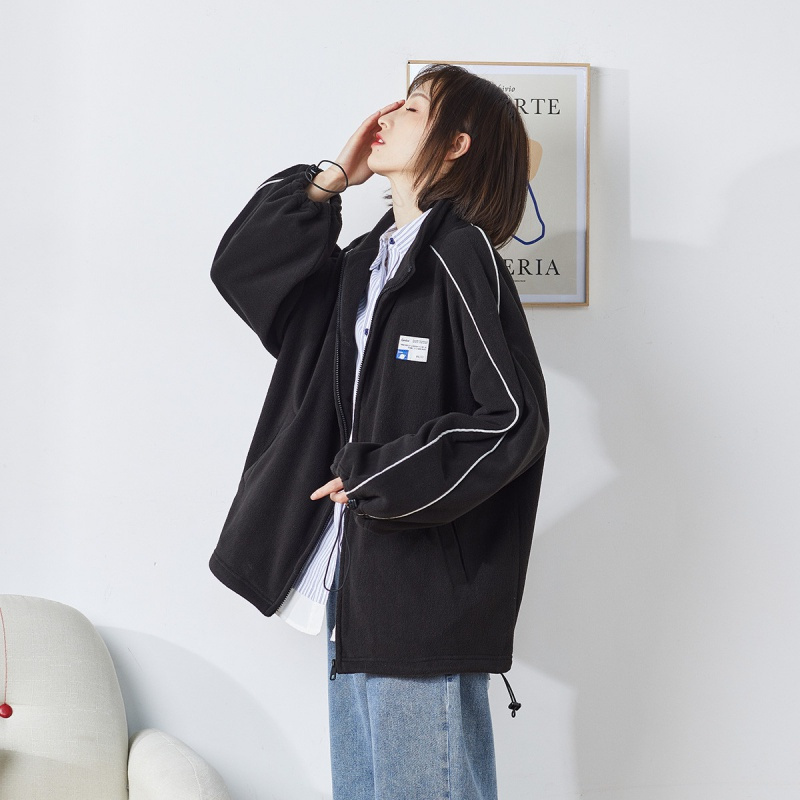 唐狮摇粒绒外套女春季新款宽松运动风抽绳百搭韩版时尚外套