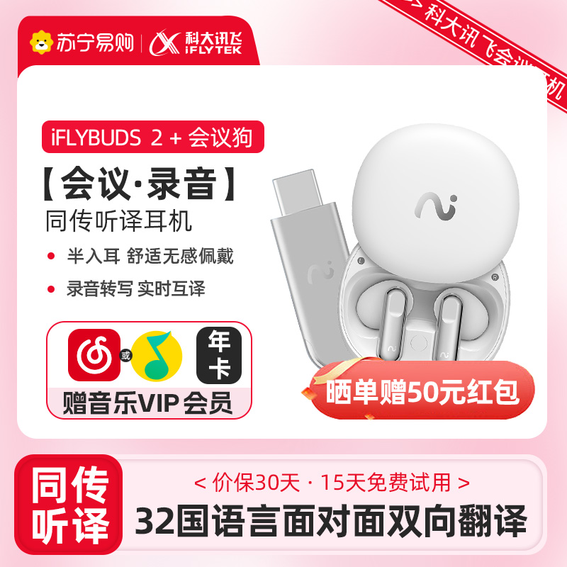 科大讯飞(iFLYTEK)同声传译耳机IFLYBUDS 2 冷霜白 桌面办公套装 面对面翻译 会议耳机无线蓝牙 录音转写