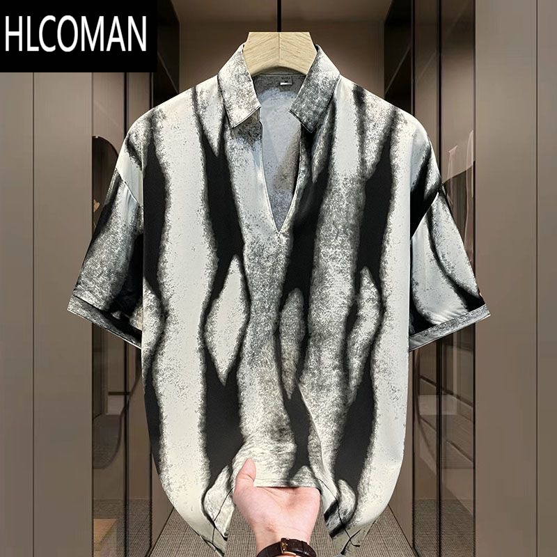 HLCOMAN夏季暗黑不规则水墨印花垂感宽松衬衫男冰丝雪纺痞帅短袖衬衣