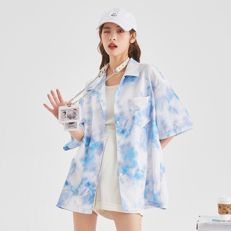 [2.5折价61元]唐狮夏季新款短袖衬衫女宽松显瘦衬衫外套甜酷扎染衬衣女