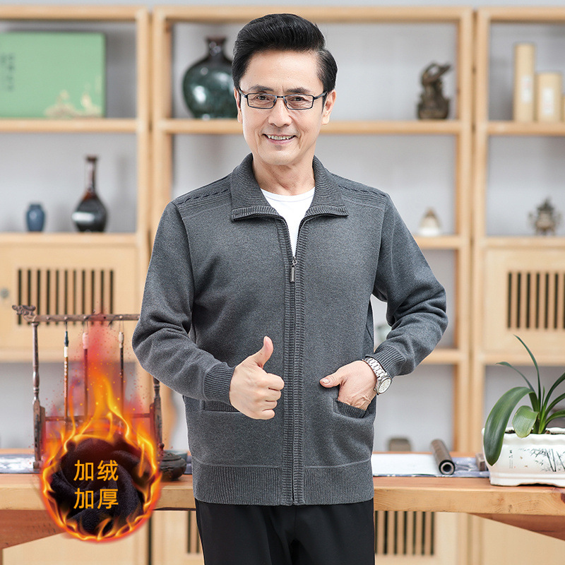 秋冬中年商务翻领拉链针织加绒保暖外套提花纯色加厚针织开衫_1