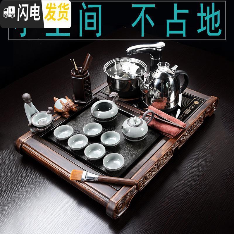 三维工匠简约整套功夫茶具套装小套家用小号小型石材茶盘全自动电磁炉茶台 黑檀木多福乌金石茶盘 36件