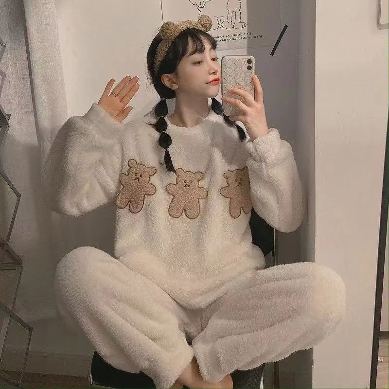韩版睡衣女冬加厚加绒套装新款珊瑚绒ins小熊外穿可爱甜美家居服